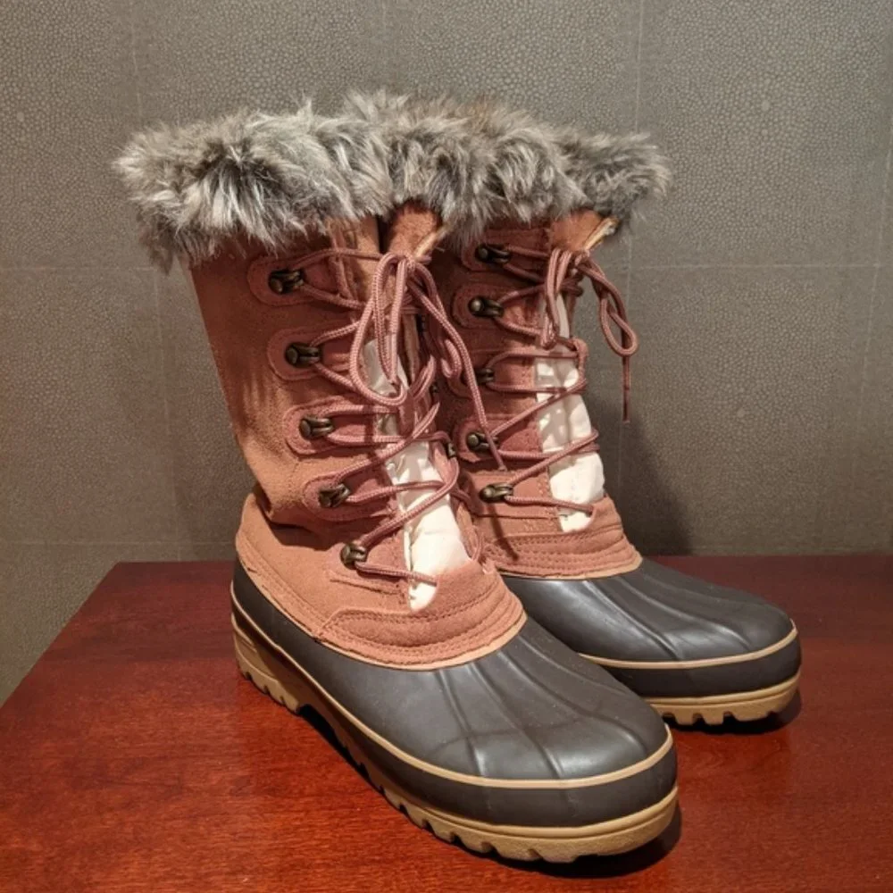 NEW! KHOMBU Nordic Tan/Brown/Ivory Winter/Rain Lace Up Boots w/ Faux Fur 🏠